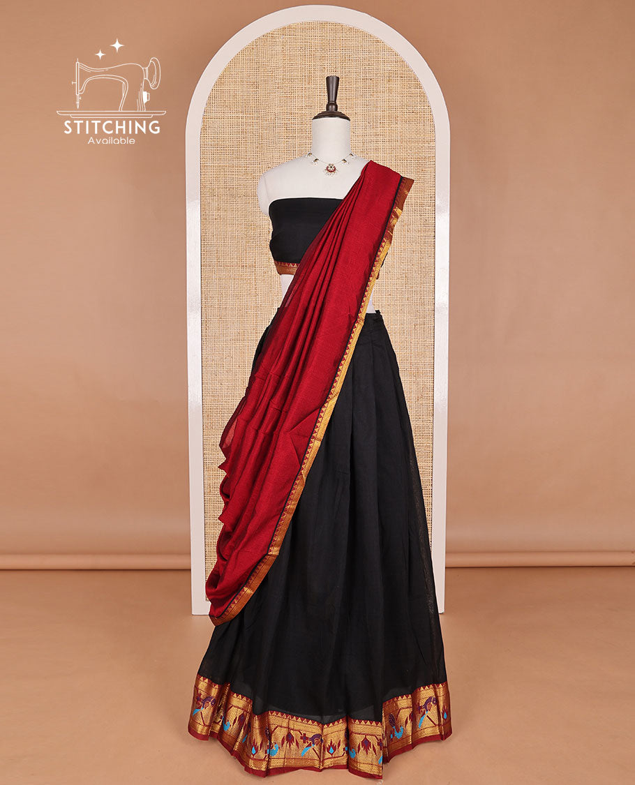 Black mercerised cotton birds design border half saree with cotton blouse & georgette one side zari border
