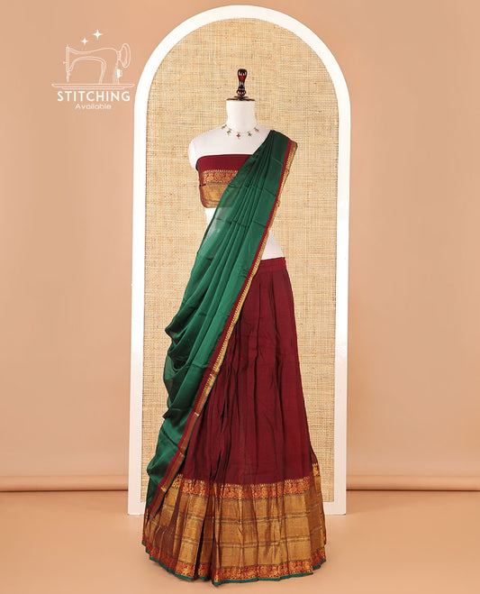 Maroon Mercerised cotton half-saree, plain & contrast traditional zari border skirt, matching traditional border blouse & contrast zari border dhavani