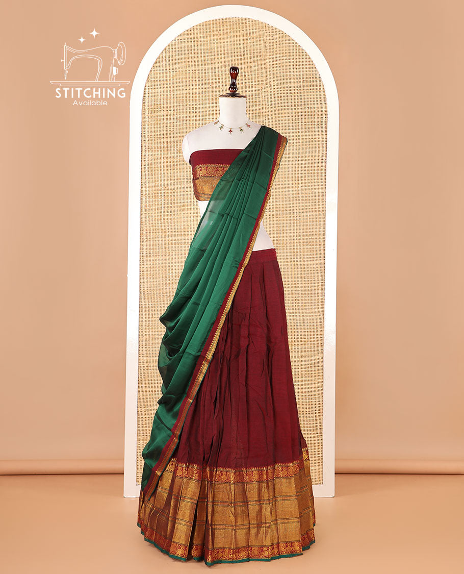 Maroon mercerised cotton zari border half saree with cotton blouse & skya georgette one side zari border dhavani