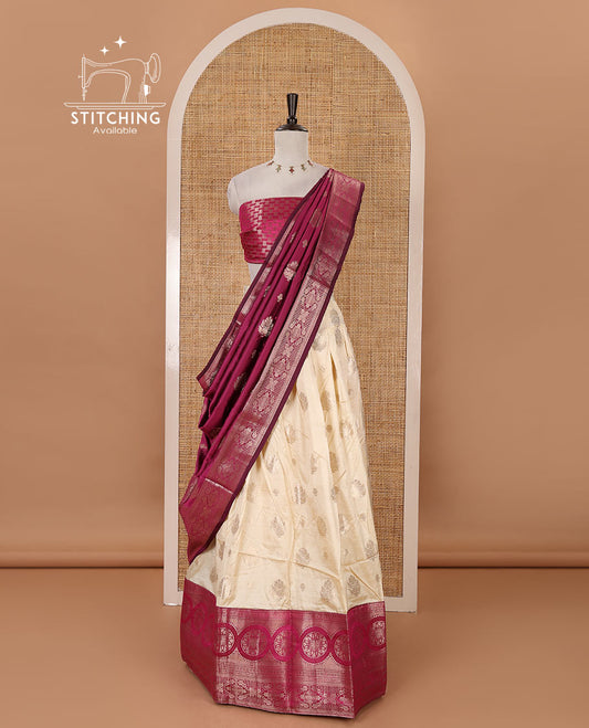 Cream-purple semi-banaras half-saree, zari buttas & contrast traditional zari border skirt, jacquard blouse & intricately zari woven dhavani