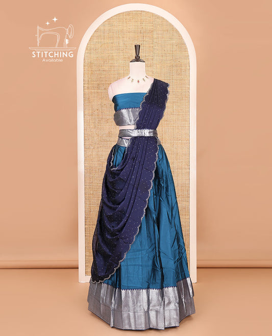Peacock blue-navy blue taffeta silk half-saree, plain & contrast temple & kathir boder skirt, matching blouse & contrast stonework scallop border syska georgette dhavani