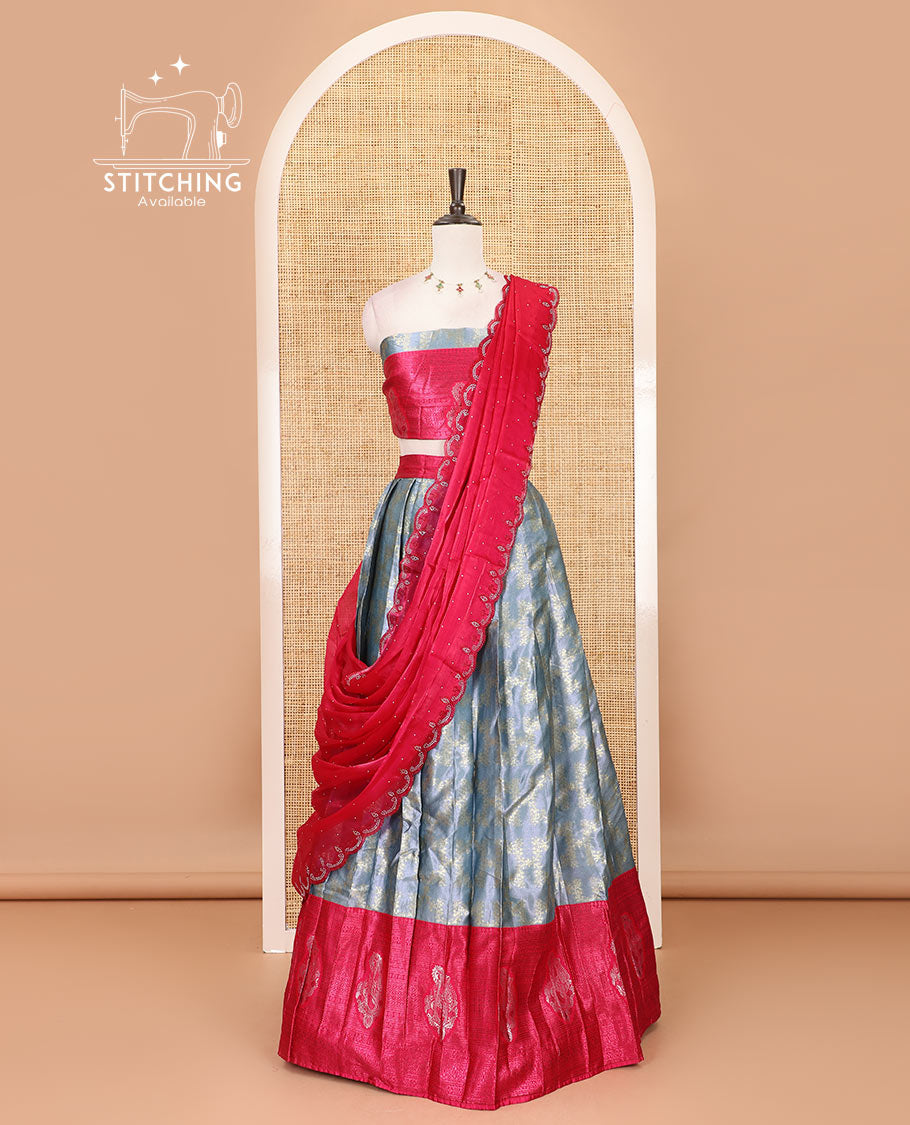 Grey-rani pink half-saree, floral jaal jacquard banarasi skirt, contrast traditional zari stone work border, matching blouse, and contrast scallop embroidered velvet organza dhavani