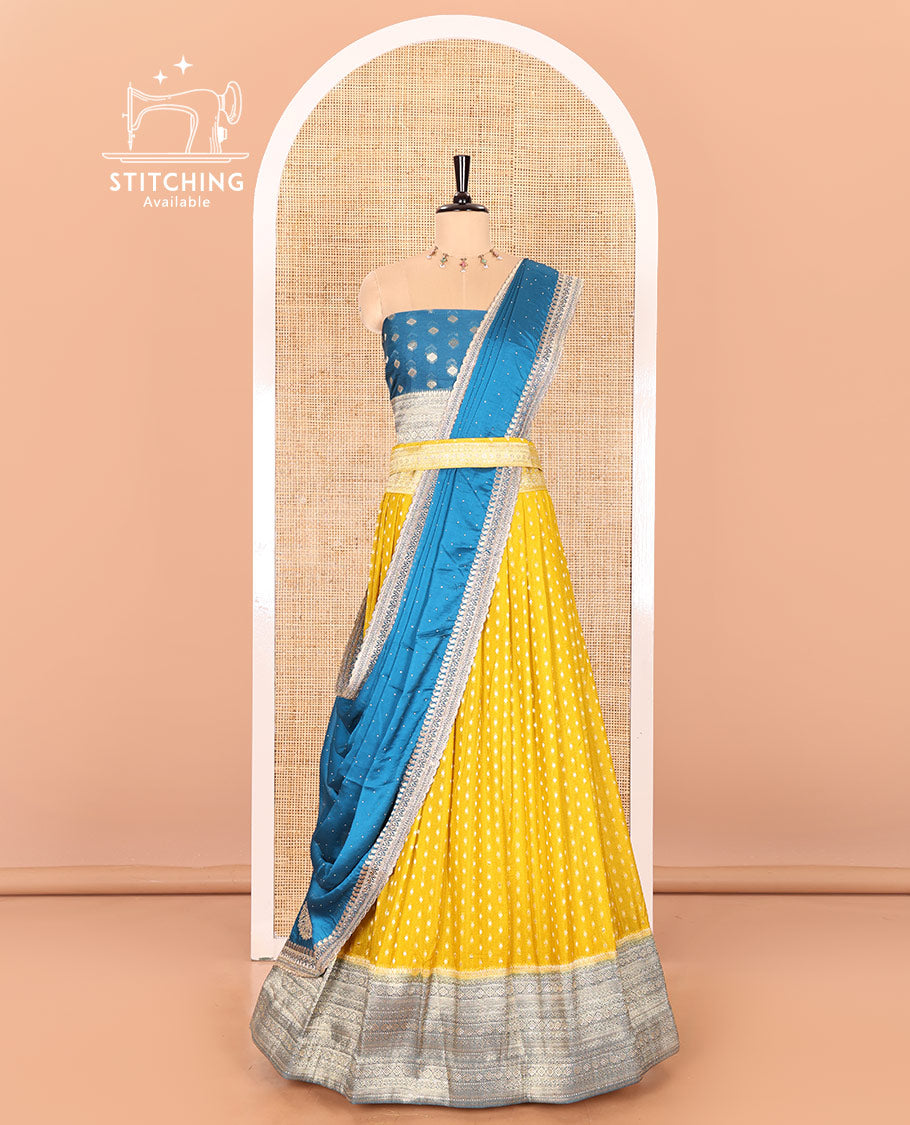Mustard Buttas Embroidered Half-Saree with Contrast Traditional Motifs, Embroidered Viscose Georgette Border, Contrast Blouse, Intricately Embroidered Syska Georgette Dhavani, and a Embroidered Belt