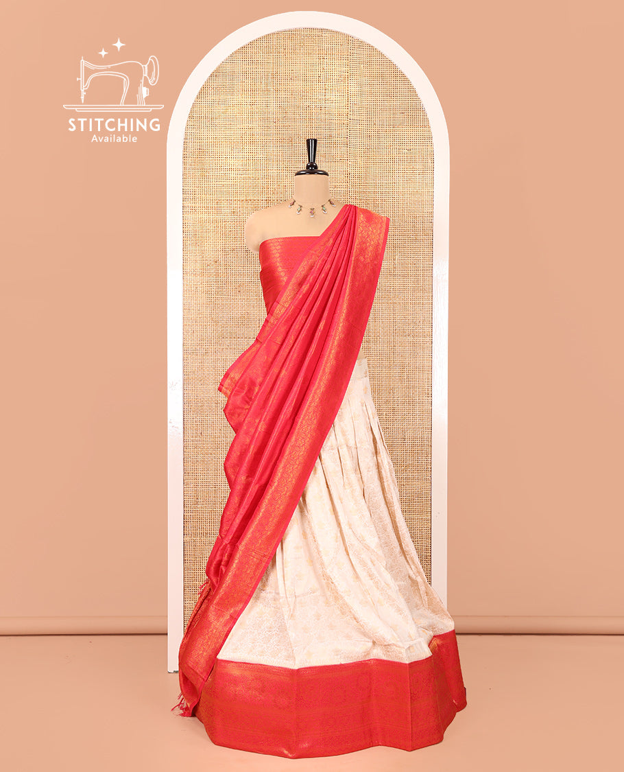 Cream-Red Banarasi Softy Half-Saree, Adorned with Jacquard, Contrast Traditional Border, Jacquard Blouse, Intricate Dhavani