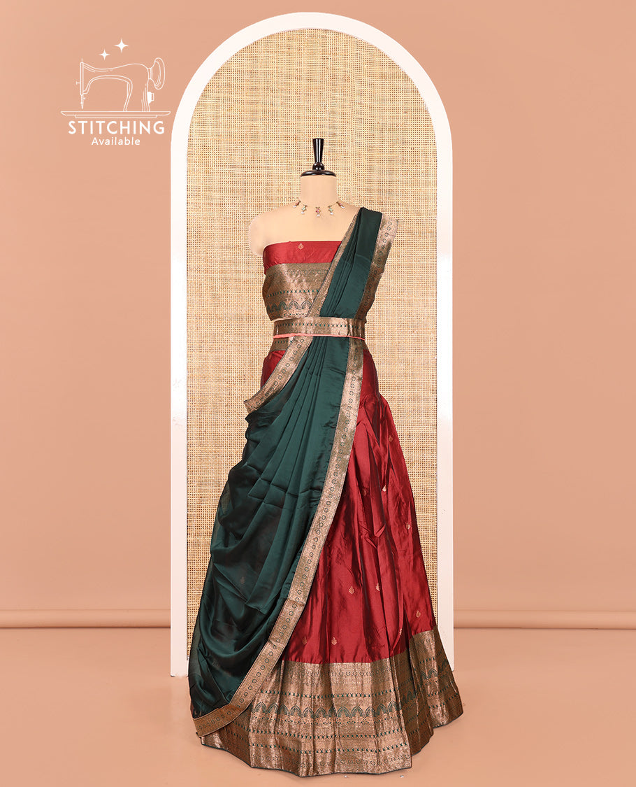 Maroon Semi-Banarasi Half-Saree Featuring Buttas Skirt, Contrast Traditional Border, Matching Blouse, Satin Georgette Dhavani