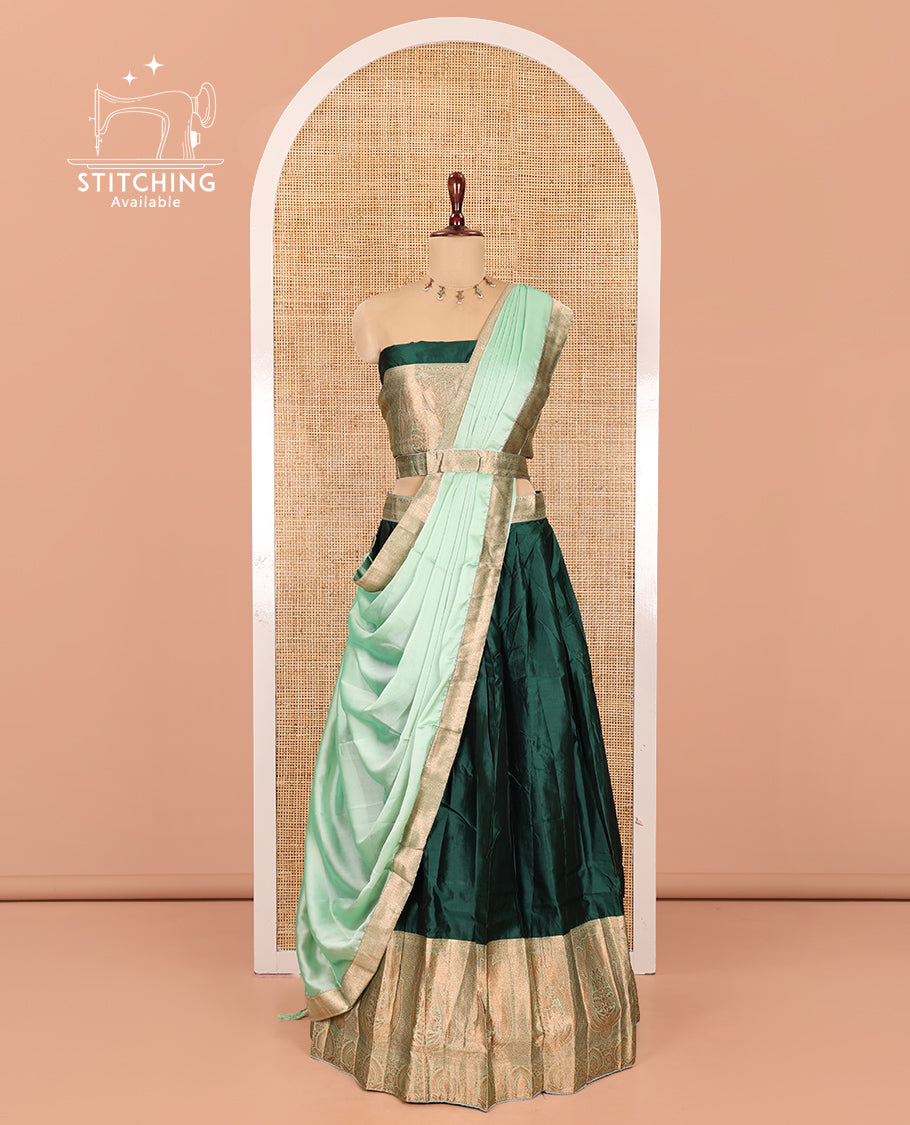 Green Semi-Banaras Half-Saree, Plain Contrast Intricate-Bordered Skirt, Matching Blouse, Contrast Dhavani