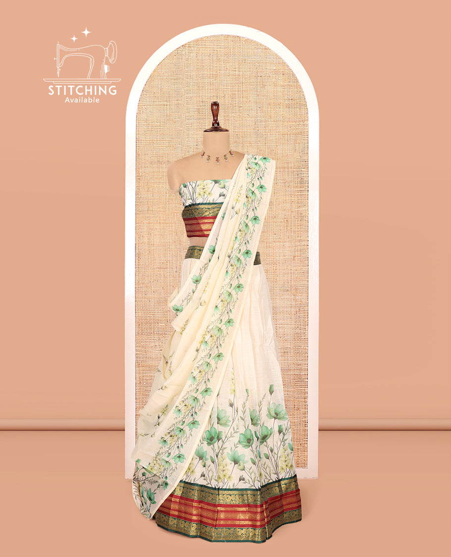 Cream-Green Semi-Silk Half-Saree Features Floral-Printed Skirt, a Contrast Traditional Border, a Matching Blouse, a Floral Dhavani