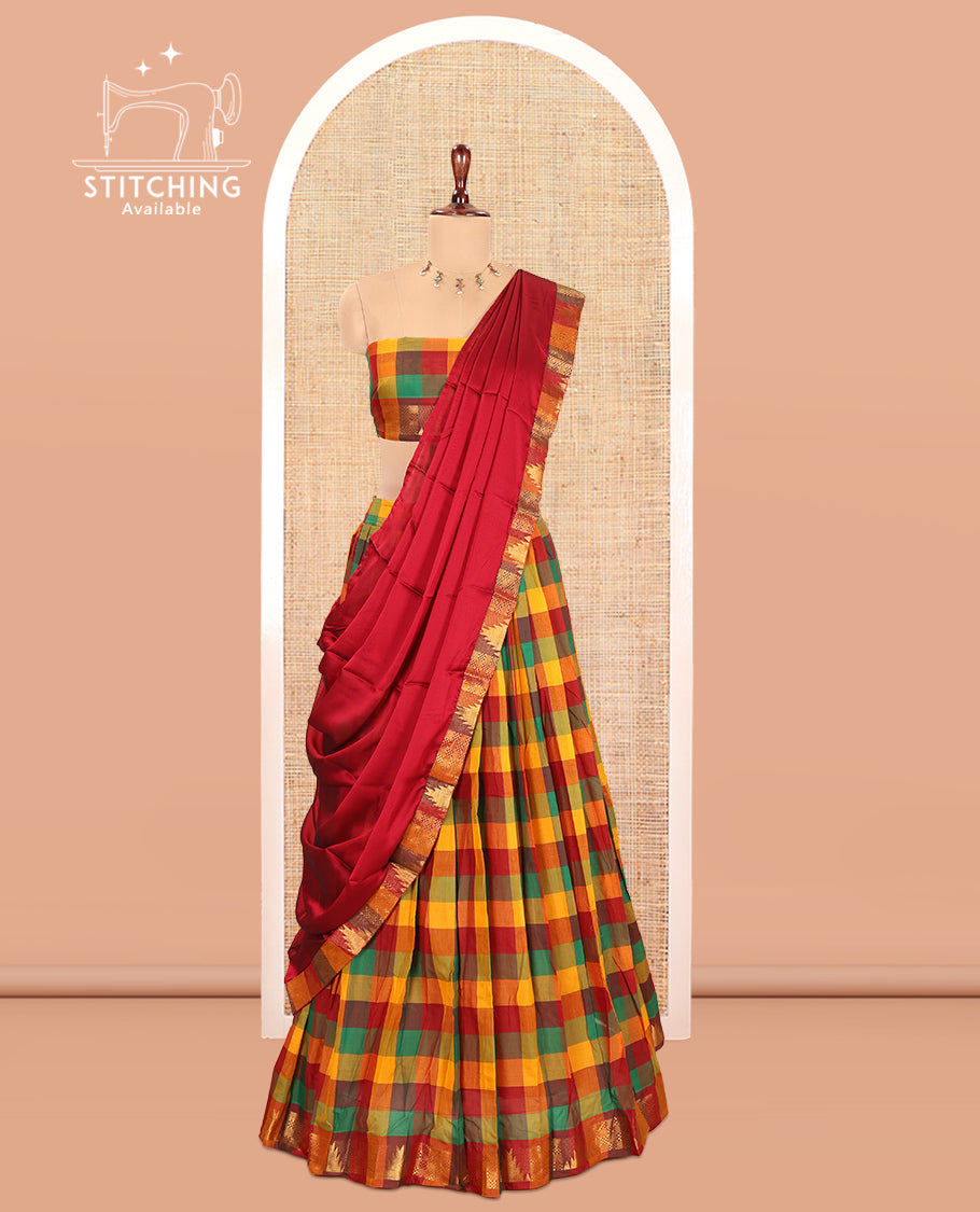 Multi-Color Checked Chettinad Cotton Half-Saree Features a Temple Zari Border, Matching Blouse, Contrast Dhavani