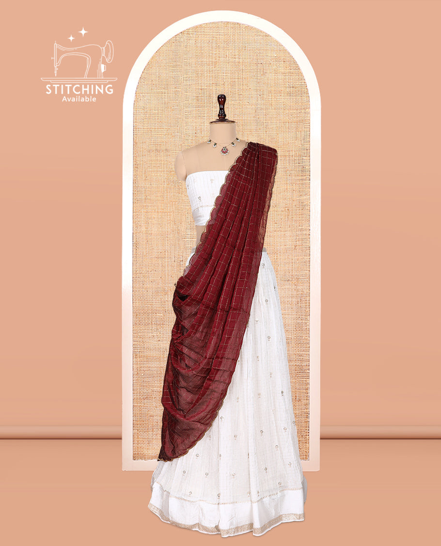 Cream-Maroon Viscose Georgette Half-saree, Buttas Skirt, Matching Blouse, Contrast Checked Dhavani
