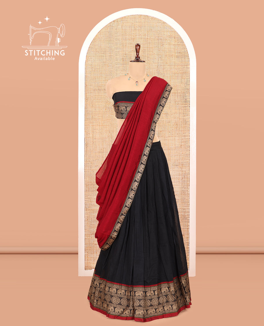 Black Mercerised Cotton Half-Saree, Plain Skirt, an Elephant Motif Border, a Matching Blouse, Contrast Dhavani