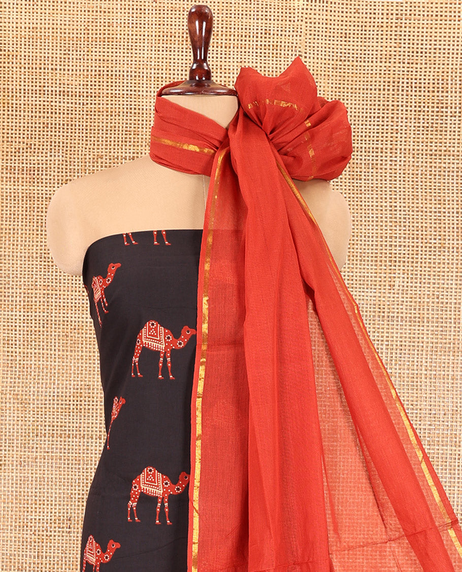 Black-Rust Jaipur Cotton Material Chudidar Set, Camel Motifs Printed Top, Contrast Bottom, and Plain Dupatta