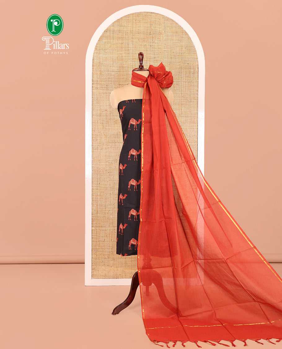 Black-Rust Jaipur Cotton Material Chudidar Set, Camel Motifs Printed Top, Contrast Bottom, and Plain Dupatta