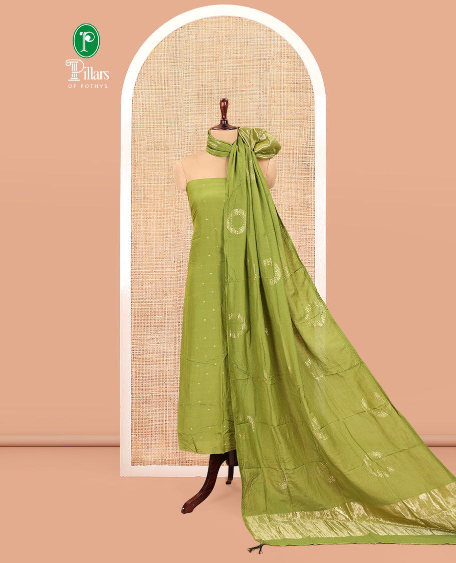 Parrot Green Mul Chanderi Material Chudidar Set, Subtly Sparkled with Buttas Top, a Matching Bottom, and a Circle Motif Woven Dupatta