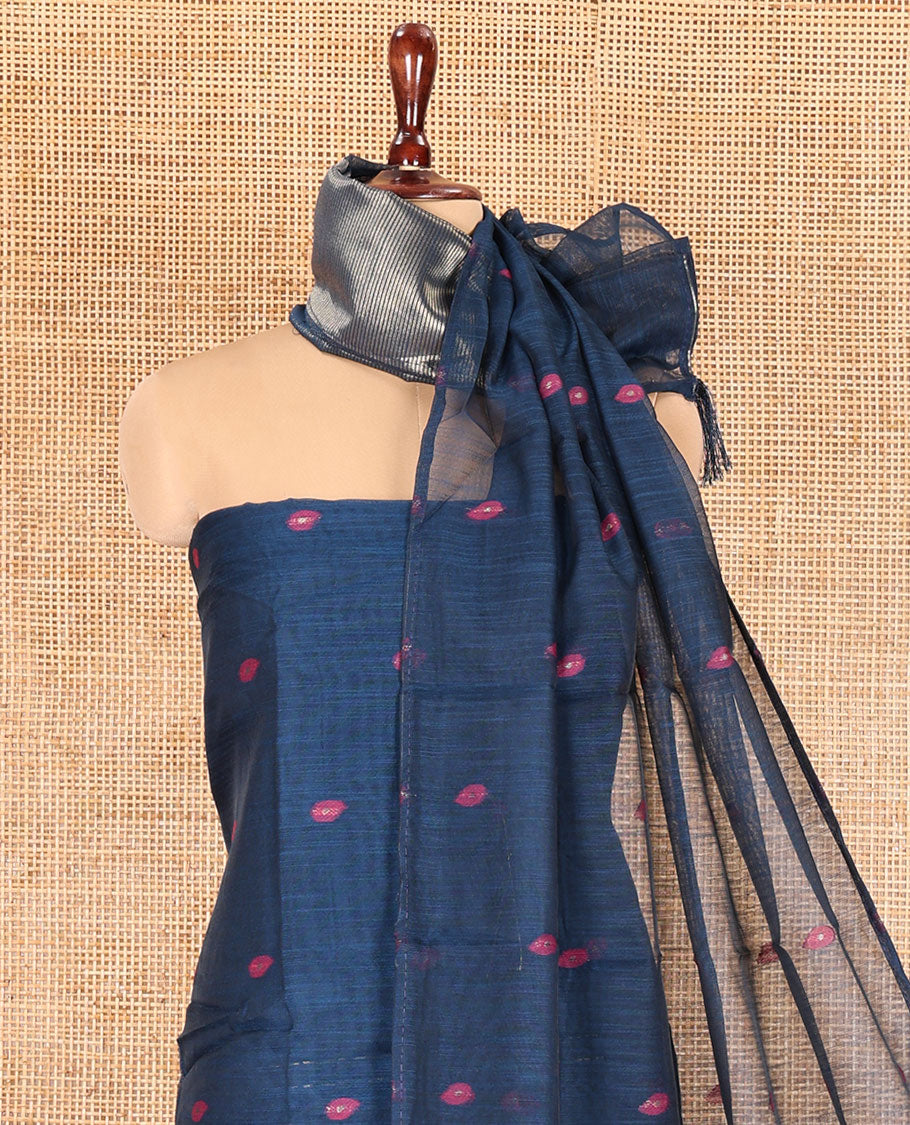 Peacock Blue Semi-Linen Material Churidar, Delicately Woven with Thread Buttas Skirt, a Plain Bottom, and a Thread Buttas Dupatta