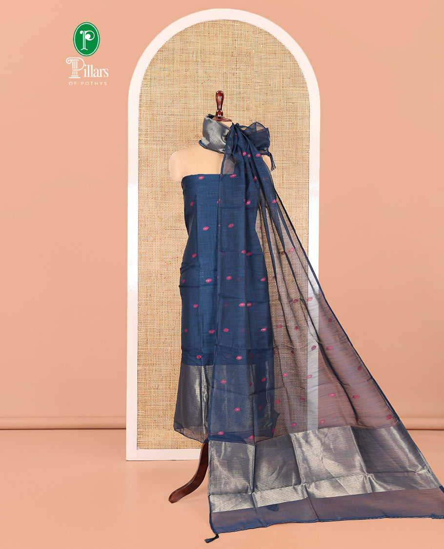 Peacock Blue Semi-Linen Material Churidar, Delicately Woven with Thread Buttas Skirt, a Plain Bottom, and a Thread Buttas Dupatta