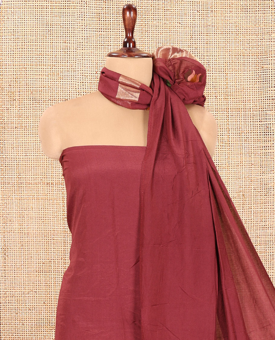 Maroon Mul Chanderi Material Chudidar Features Jamdani-Floral Top, Plain Bottom, Jamdani-Floral Dupatta