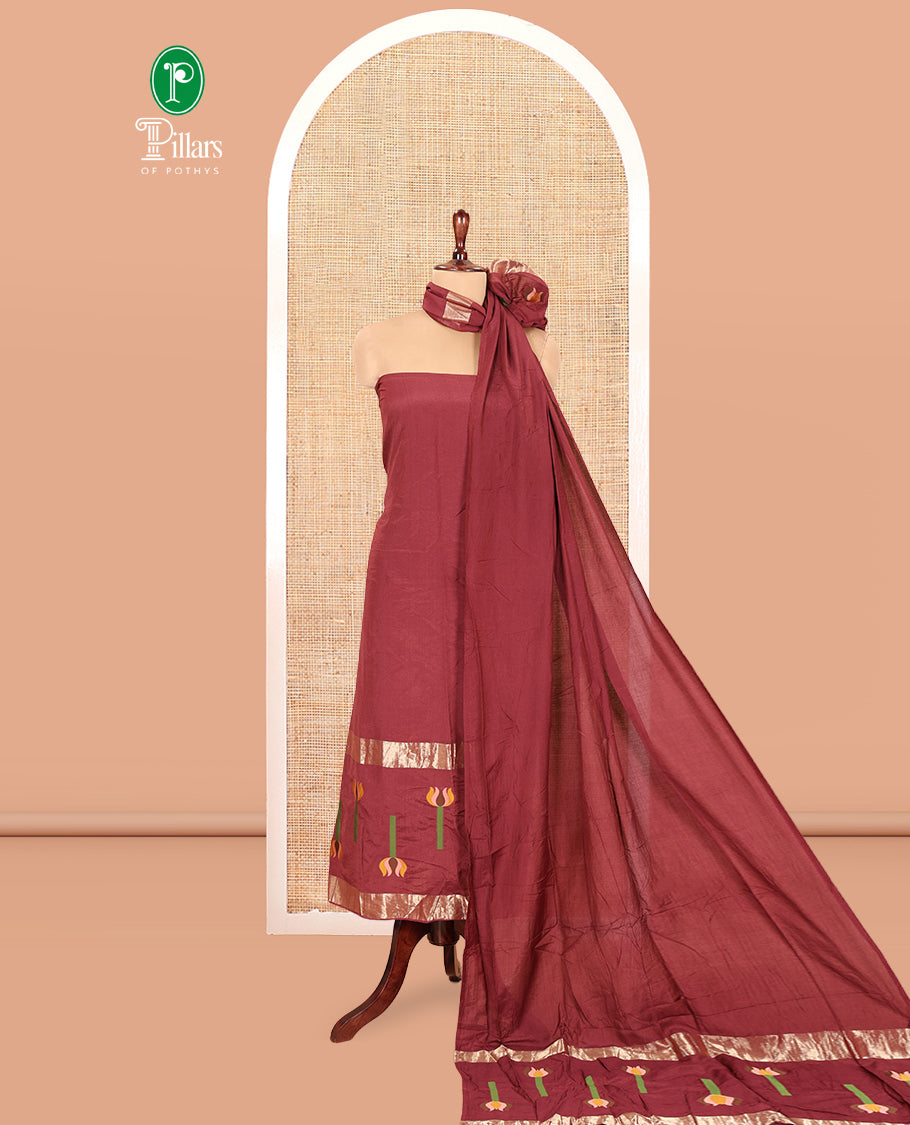 Maroon Mul Chanderi Material Chudidar Features Jamdani-Floral Top, Plain Bottom, Jamdani-Floral Dupatta
