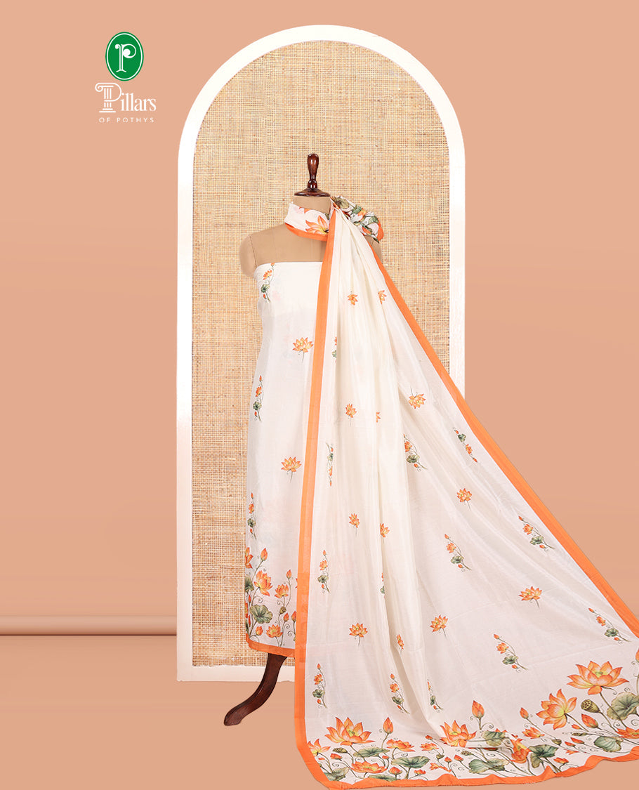 Cream-Orange Semi-Silk Material Chudidar, Lotus Printed Top, Matching Bottom, Lotus Printed Dupatta