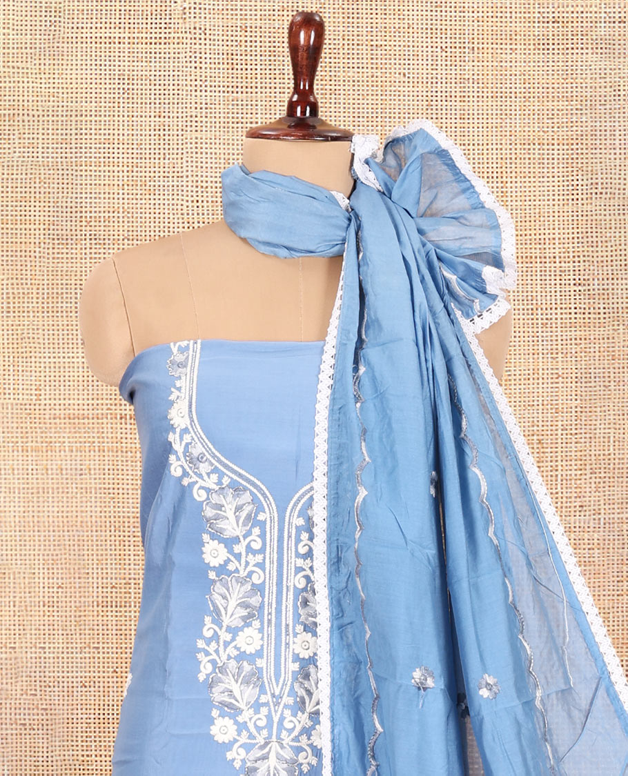 Ice Blue Mul Chanderi Material Chudidar Features Neck Work Top, a Matching Bottom, Embroidered Scallop Dupatta
