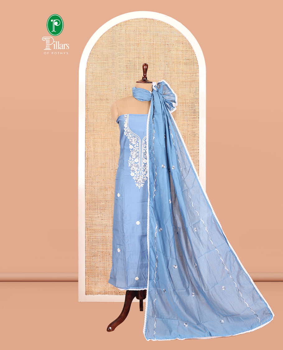Ice Blue Mul Chanderi Material Chudidar Features Neck Work Top, a Matching Bottom, Embroidered Scallop Dupatta