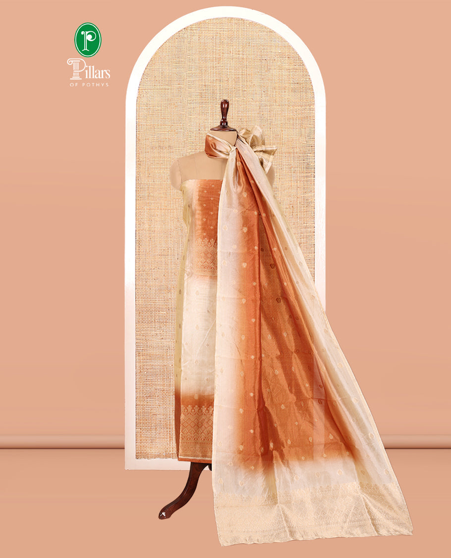 Chikku-Rust Semi-Tussar Material Chudiddar, Buttas and Neck Work Top, Contrast Bottom, Buttas Dupatta