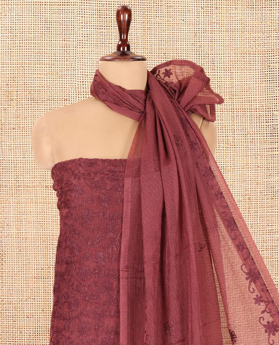 Brown Kota Chex Material Chudiddar, Floral Vine Embroidered Top, Santoon Bottom, Embroidered Dupatta