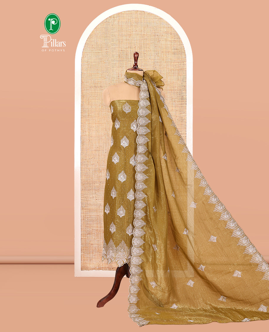 Pista Green Mul Chanderi Material Chudiddar, Floral Embroidered Top, Plain Bottom, Embroidered Dupatta