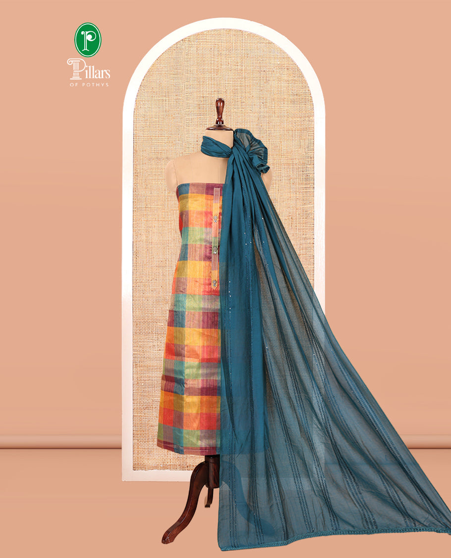 Multi-Color Shimmer Tissue Material Churidar, Elevated with Madras Checked Neckwork Top, a Contrast Bottom, and a Sequins Striped Dupatta