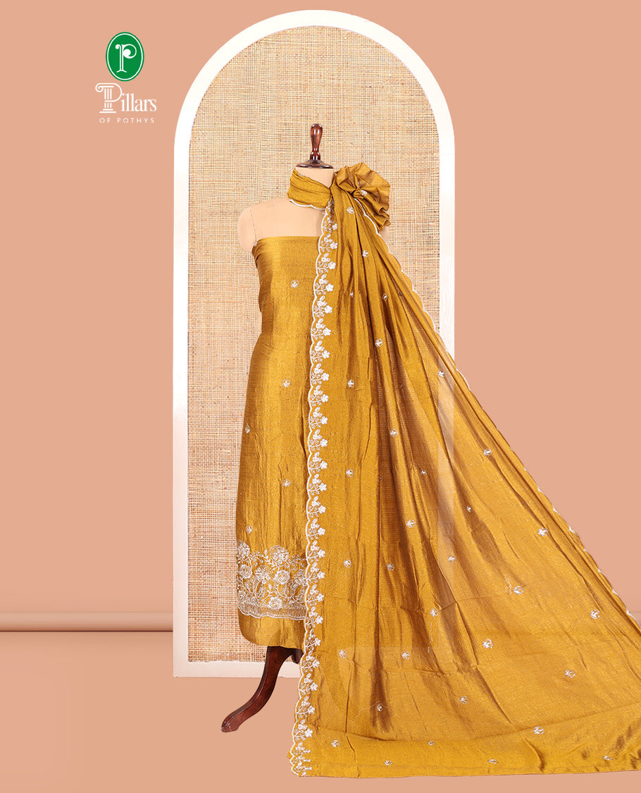 Mustard Semi-Silk Material Churidar Features a Floral Embroidered Top, a Matching Bottom, Embroidered Dupatta