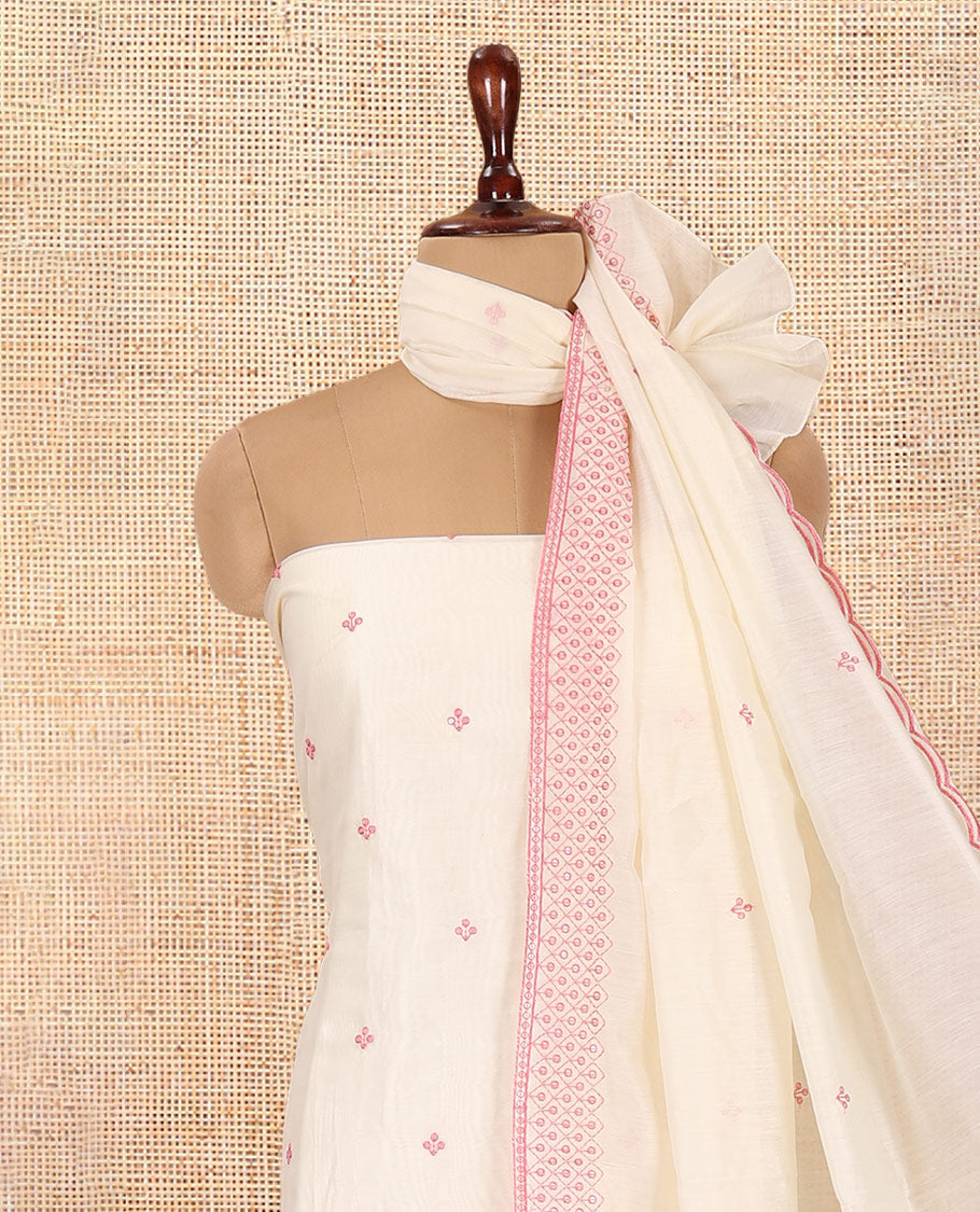Cream Semi-Silk Material Churidar Thread-Sequins Embroidered Top, a Plain Bottom, a Embroidered Dupatta