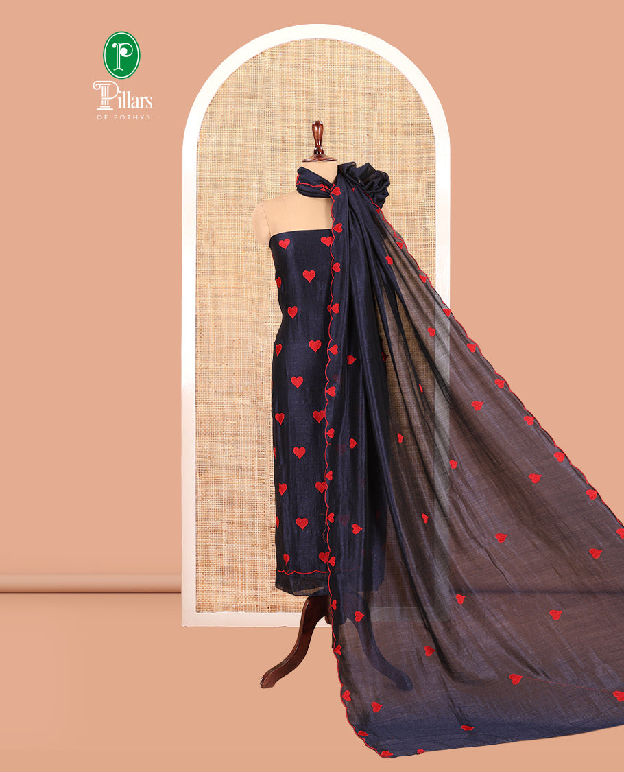 Navy Blue Semi-Silk Material Chudidar, Heart Embroidered Top, Plain Bottom, Heart Embroidered Dupatta