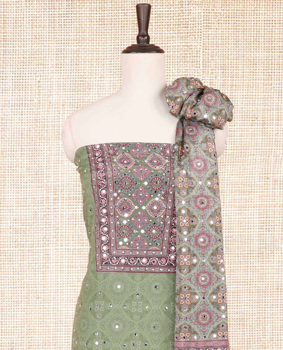 Mint green green jacquard, ajrakh print, mirror work crepe chudidhar material top with american crepe pant & chinnon ajrakh print, mirror work dupatta