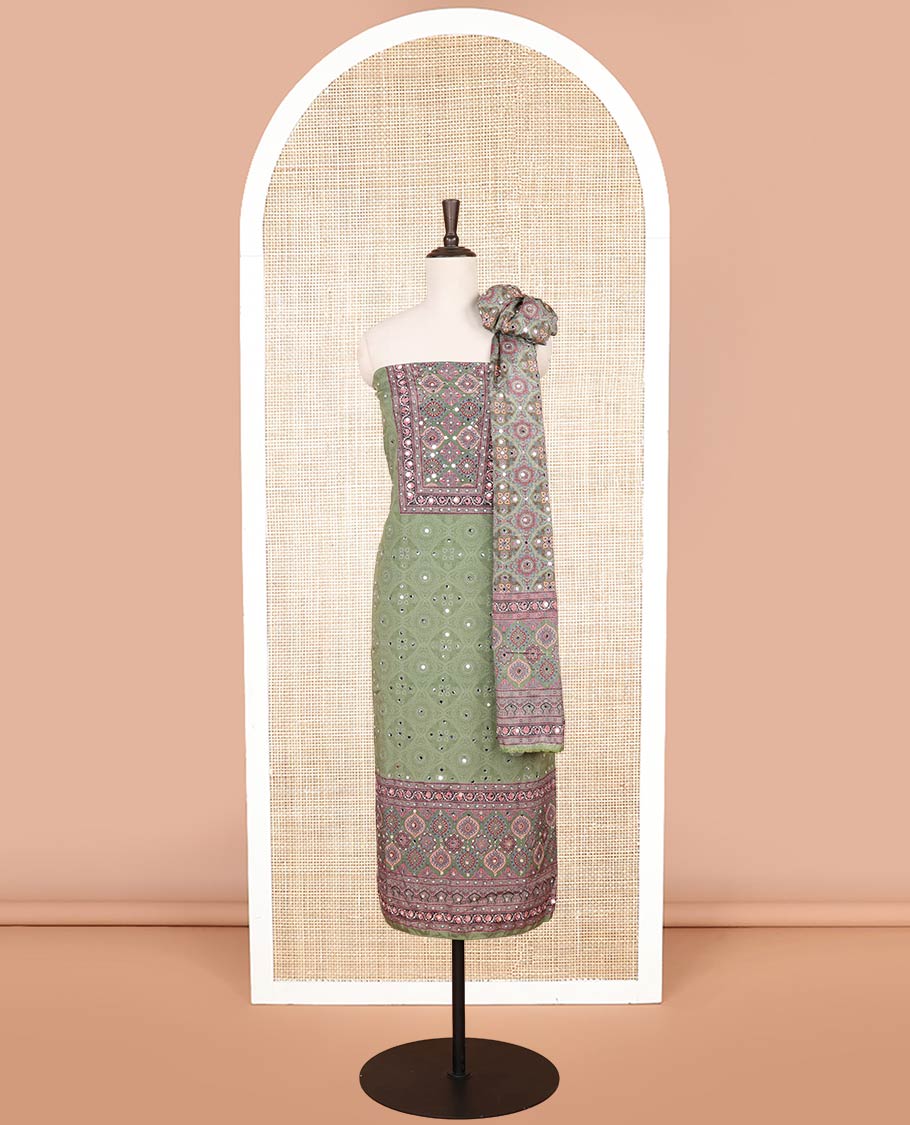 Mint green green jacquard, ajrakh print, mirror work crepe chudidhar material top with american crepe pant & chinnon ajrakh print, mirror work dupatta