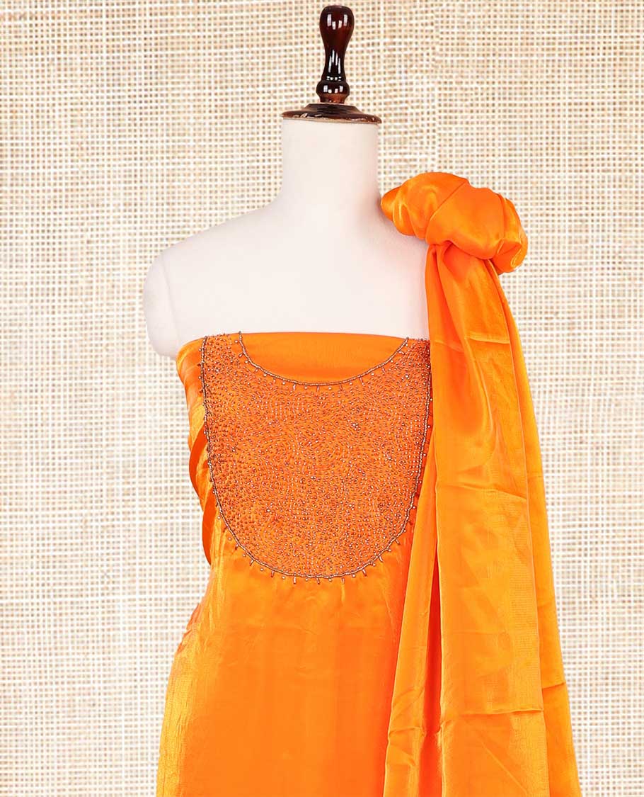 Orange moti handwork velvet organza chudidhar material top with american crepe pant & one side handwork dupatta