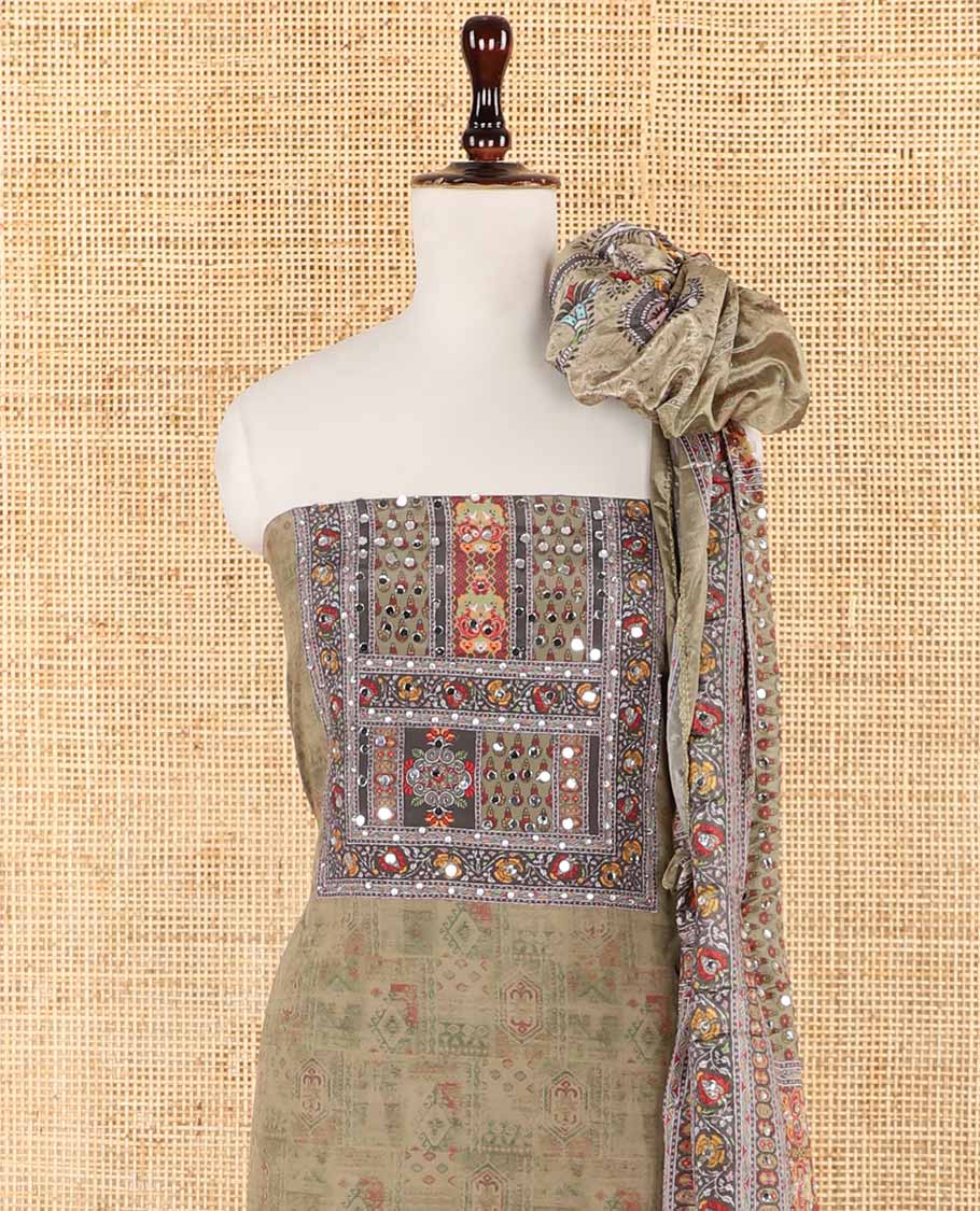 Light mehendi green jacquard ajrak, stone, mirror work crepe chudidhar material top with american crepe pant & chinnon material ajrak digital print , mirror work dupatta