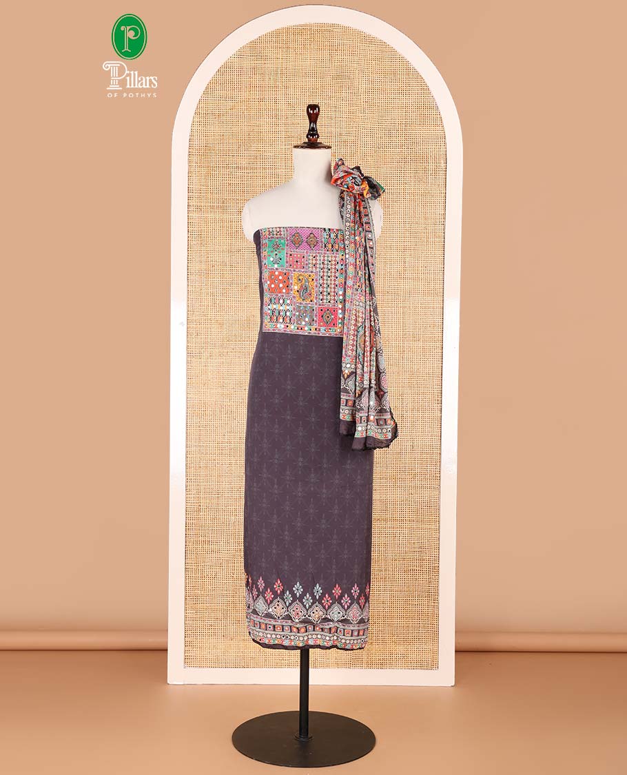 Black jamdani print, mirror work crepe chudidhar material top with santoon material pant & jamdani design print, mirror work dupatta