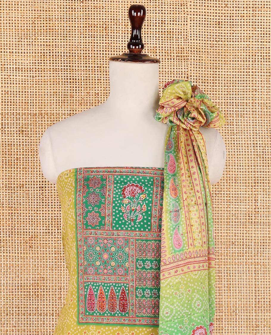 Parrot green bhandani print, floral design, swarovski work crepe chudidhar material top with american crepe pant & chinnon material bhandani print, swarovski work dupatta