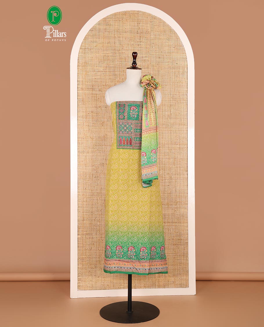 Parrot green bhandani print, floral design, swarovski work crepe chudidhar material top with american crepe pant & chinnon material bhandani print, swarovski work dupatta