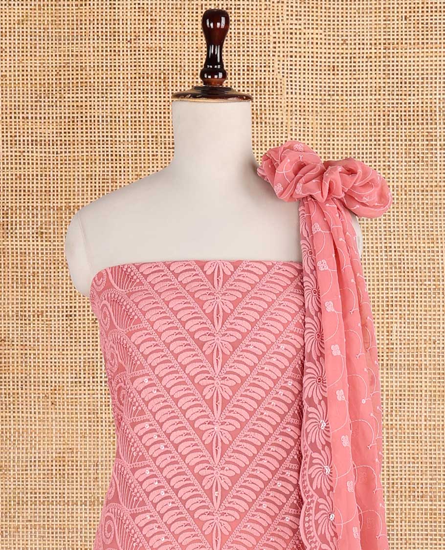 Peach shifli sequins embroidery georgette chudidhar material top with american crepe pant & sequins embroidery, scallop cut dupatta
