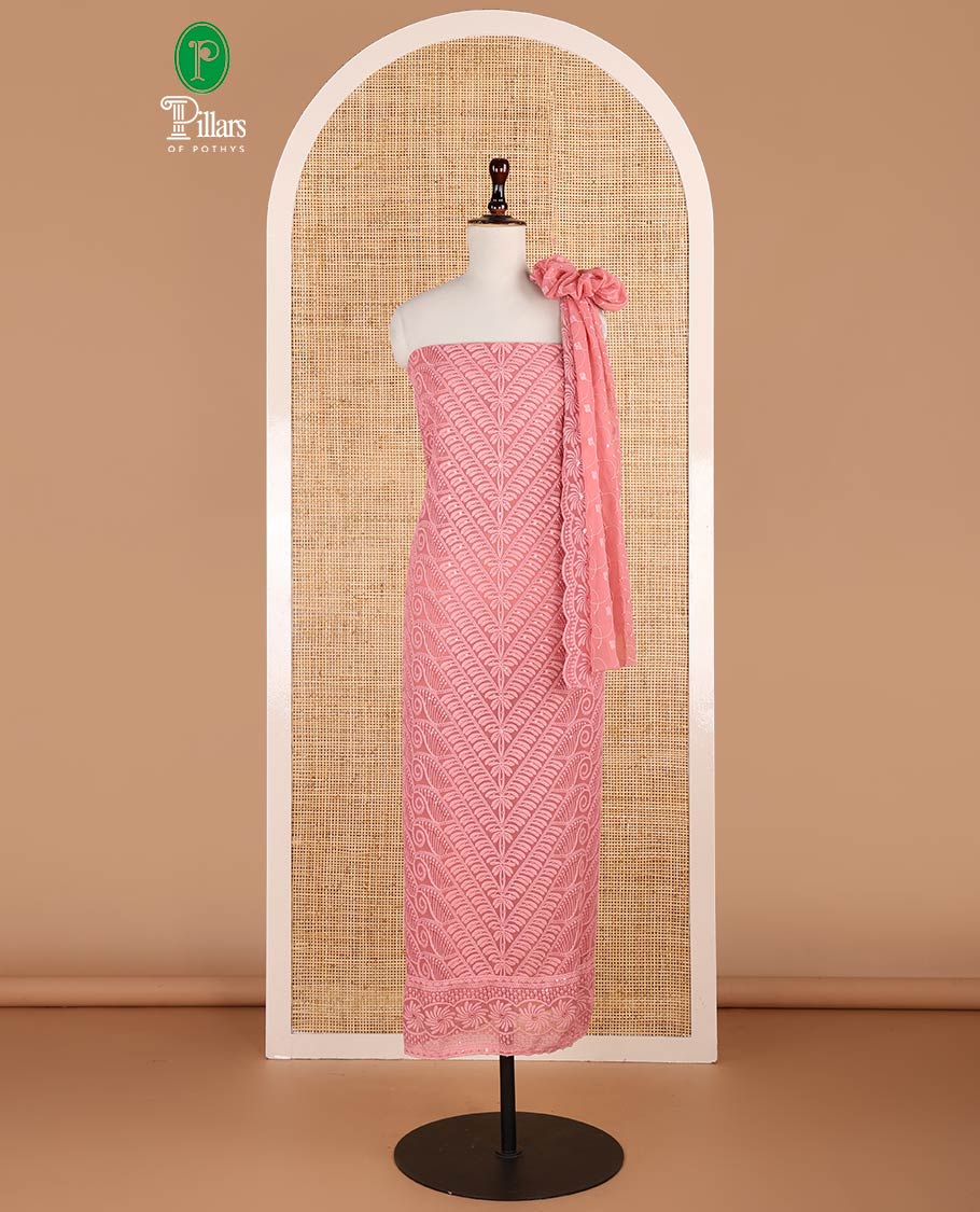 Peach shifli sequins embroidery georgette chudidhar material top with american crepe pant & sequins embroidery, scallop cut dupatta