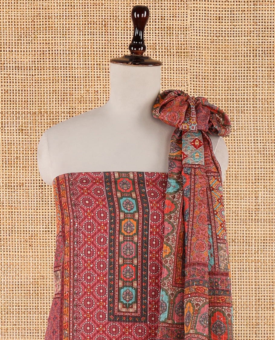 Multi-color churidar material set, ajrakh-printed with sequins work crepe top, kalidoscopic-colored dupatta of ajrakh print & sequins work & plain crepe bottom