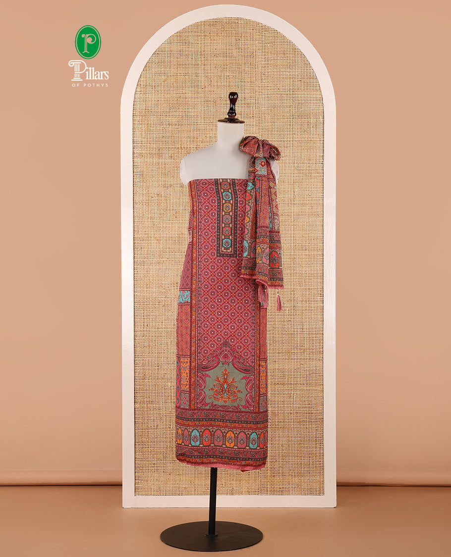 Multi-color churidar material set, ajrakh-printed with sequins work crepe top, kalidoscopic-colored dupatta of ajrakh print & sequins work & plain crepe bottom
