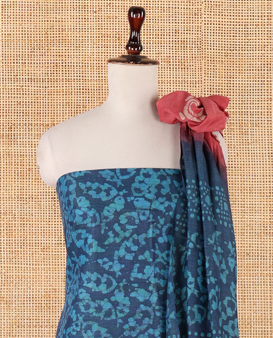 Blue chudidhar material, leaf batik-print bhagalpuri cotton top,contrast batik-print bottom & dual-color printed mul-mul dupatta