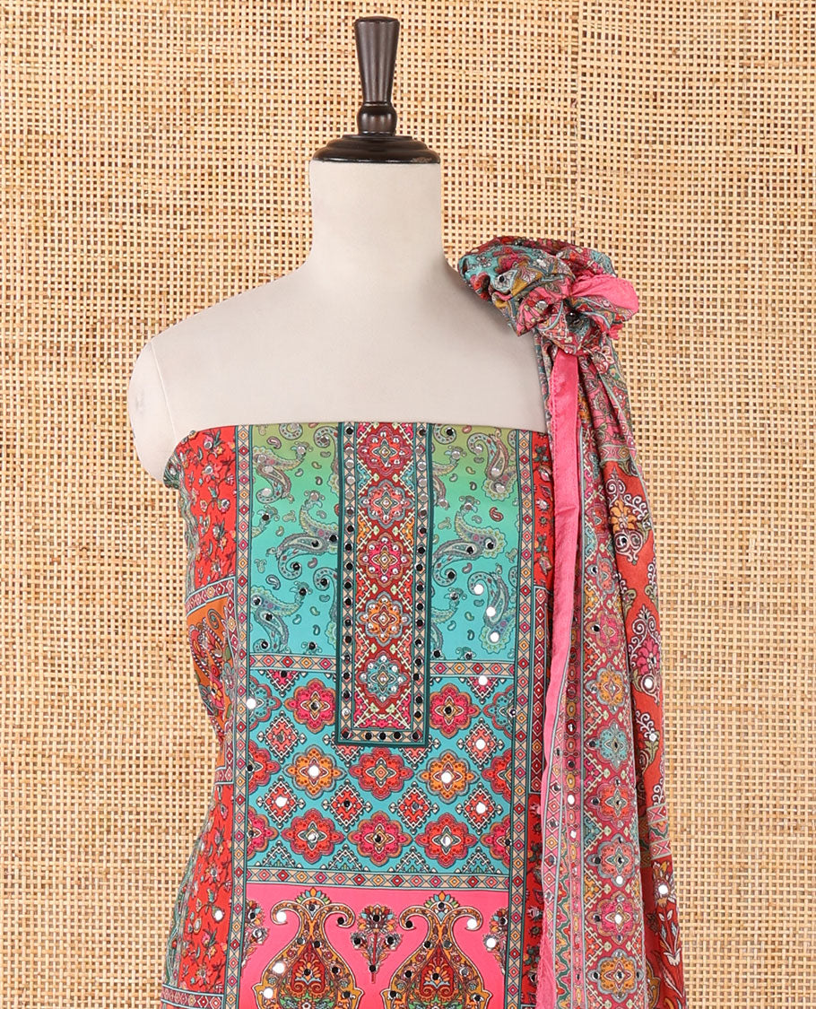 Pink crepe masakali material chudidar set, geometric print with mirror embroidery top,plain bottom & multi-color geometric print & mirrorwork dupatta