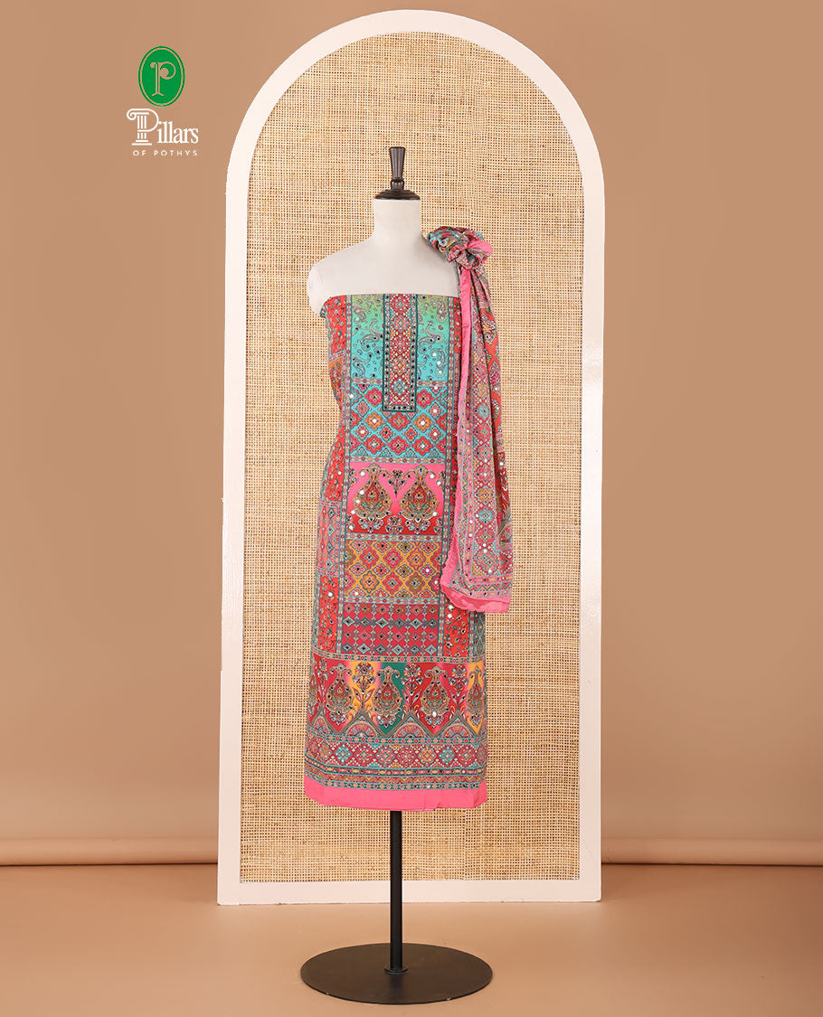 Pink crepe masakali material chudidar set, geometric print with mirror embroidery top,plain bottom & multi-color geometric print & mirrorwork dupatta