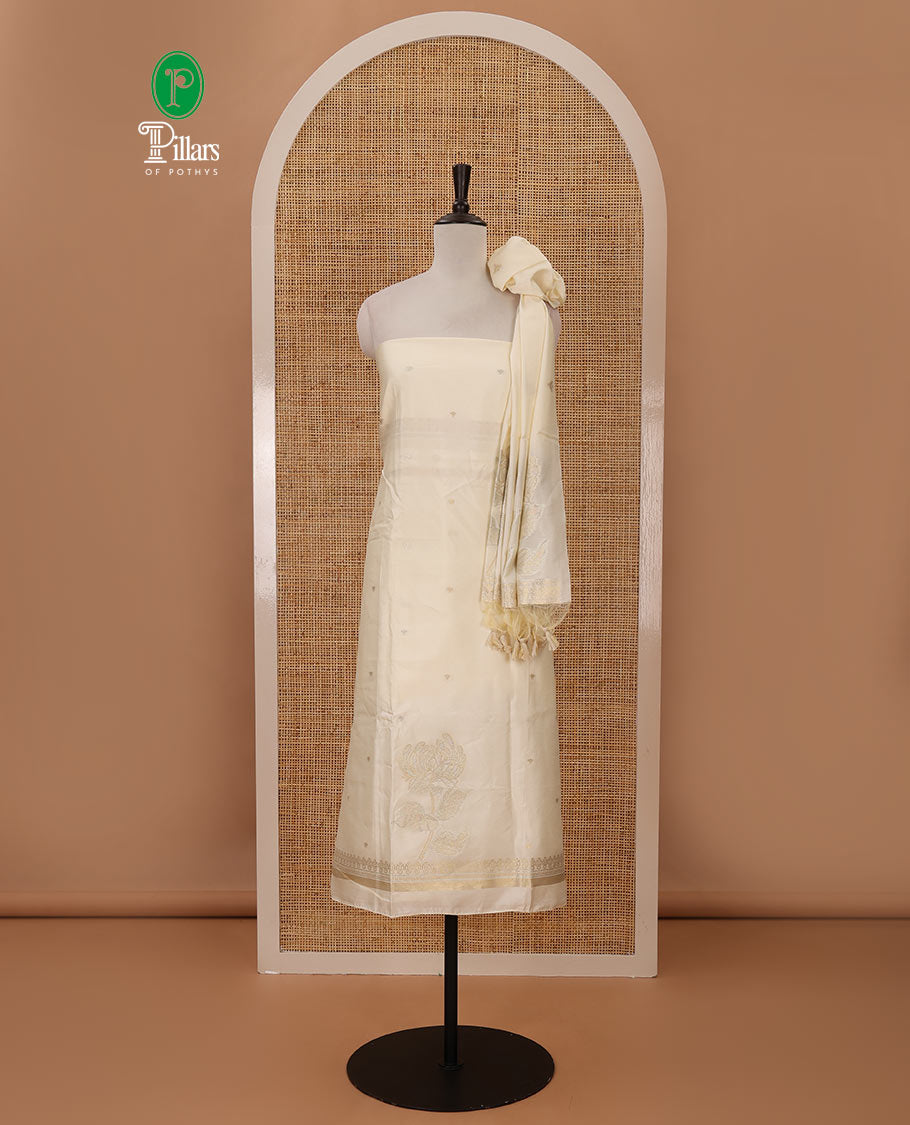 Kerala cream chudidar material set, zari buttas woven taffeta silk top, plain cream santoon bottom & floral zari woven dupatta