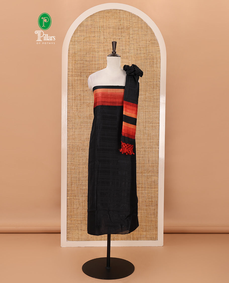 Black material chudidar set, horizontal red ombre striped semi-tussar top, plain santoon bottom & horizontal red ombre striped dupatta with tassels