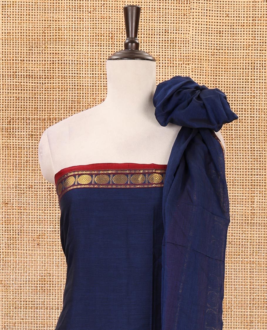 Navy blue mercerized cotton material chudidar set,plain contrast traditional rudraksham border top,matching bottom & 2-sided rudraksham border dupatta