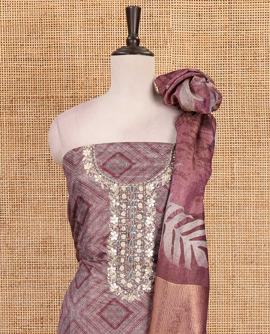 Grey and wine material chudidar set, geometric digital printed with neck embroidered Shimmer tissue top, santoon bottom, and floral printed Shimmer tissue dupatta