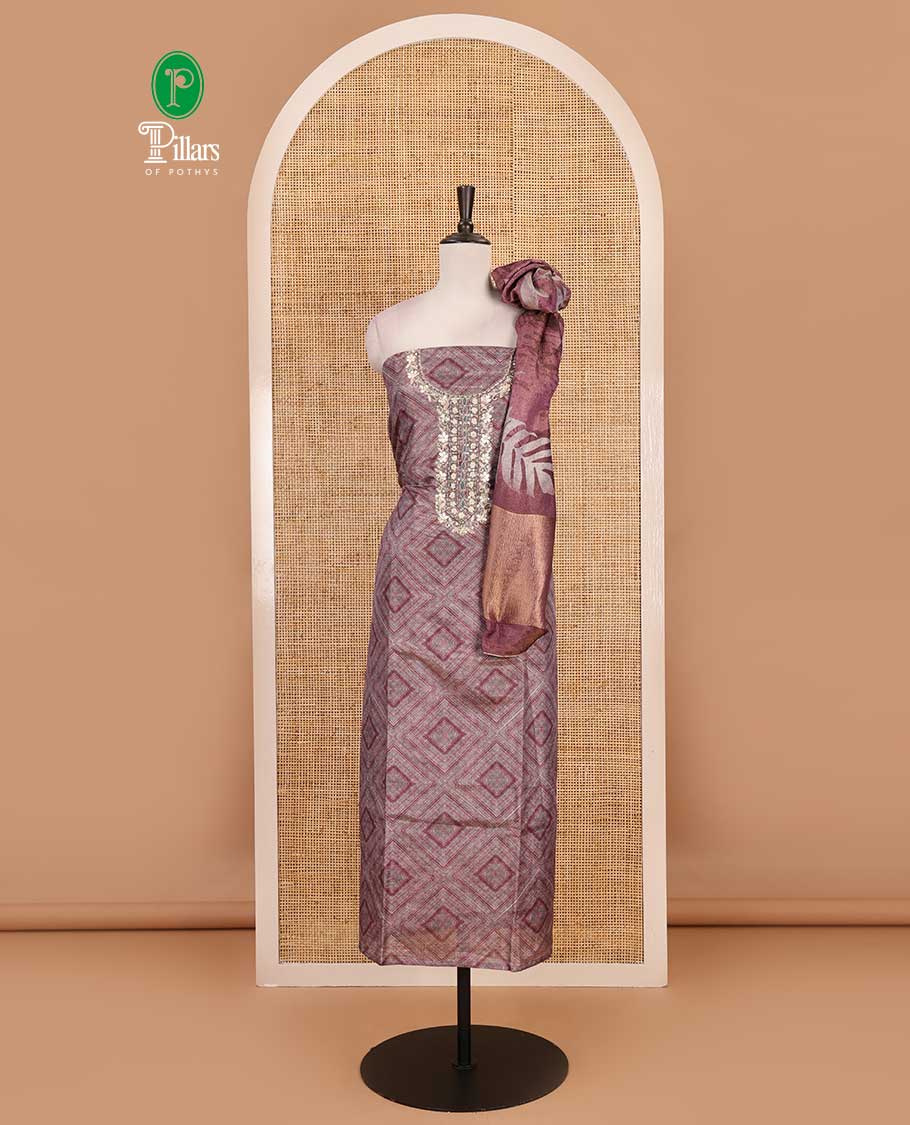 Grey and wine material chudidar set, geometric digital printed with neck embroidered Shimmer tissue top, santoon bottom, and floral printed Shimmer tissue dupatta